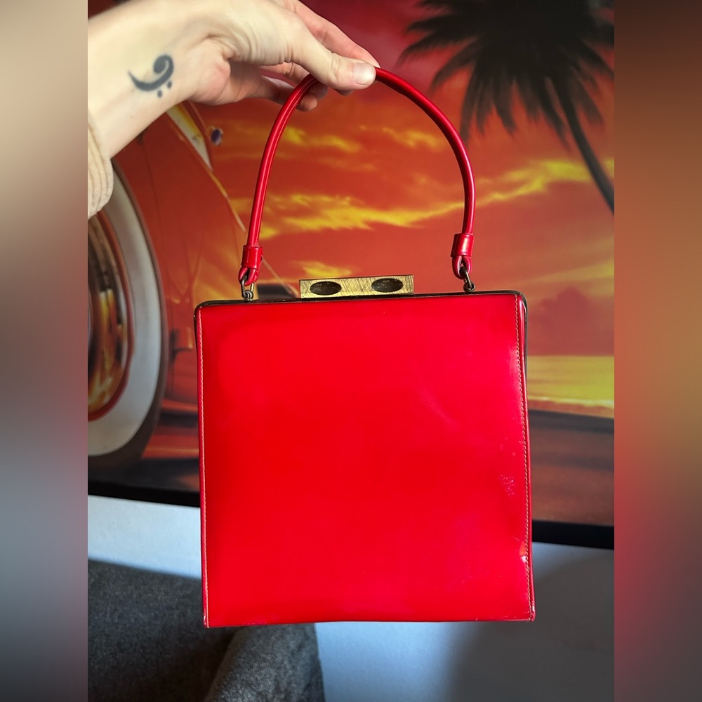 Vintage 1960s Red Patent Leather Structured Top Handle Handbag